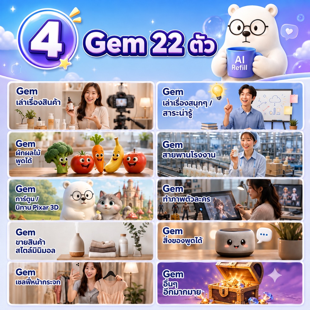 Gem ผู้ช่วยทำวิดีโอ 22 ตัว — ผู้ช่วย AI ครบทุกแนว — เปิดใช้ได้เลย ไม่ต้องเขียนคำสั่งเอง